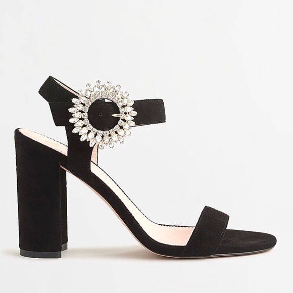 J.Crew Crystal Buckle Stella Black Suede Heeled Sandals Dress Evening Pumps 8.5 - Picture 2 of 7